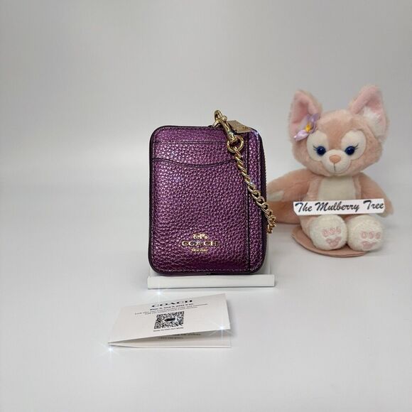 Coach CF415 Metallic Plum Purple Zip Card Case Pebble Leather Chain ID Wallet - Picture 1 of 8